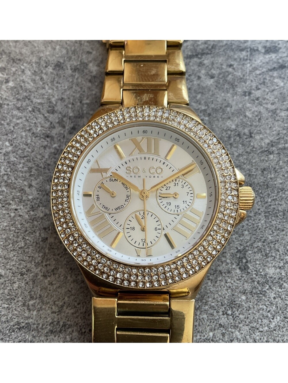 Women's SO & CO Watch Multi-Function Gemmed Bezel 38mm Gold Tone Case B-O